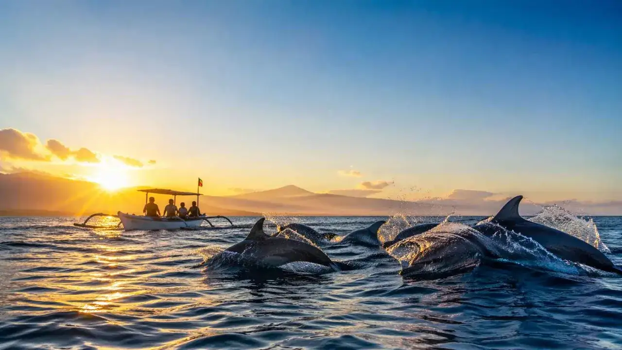 Un amanecer espectacular con delfines saltando en el mar. Un barco con personas observa la escena, como si fuera un sueño con delfines.