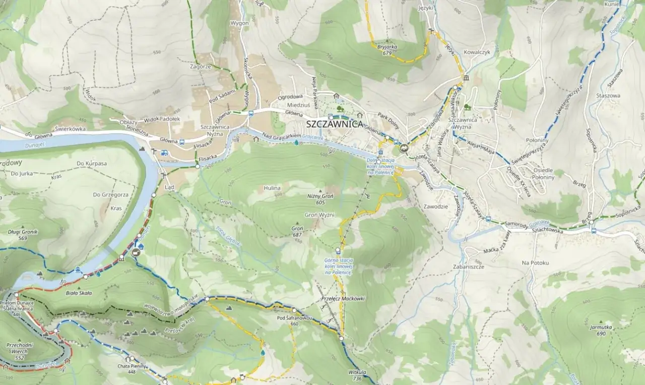 Mapa turystyczna z zaznaczonymi szlakami, rzeką Dunajec i miejscowością Szczawnica. Idealna do planowania chodzenia po g&oacute;rach.