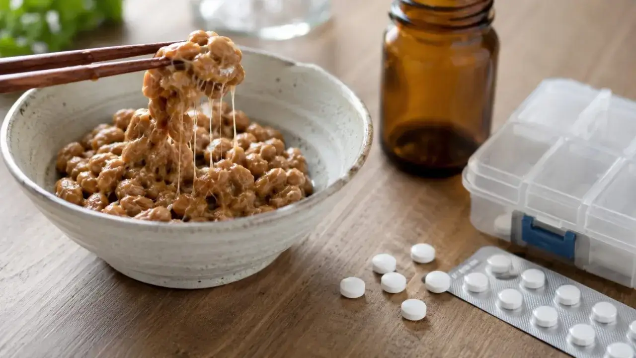 Natto, czyli sfermentowana soja, ciągnie się na pałeczkach. Obok leżą tabletki i pojemnik na leki. Czy to suplementy na zdrowie? K2MK7 co to?