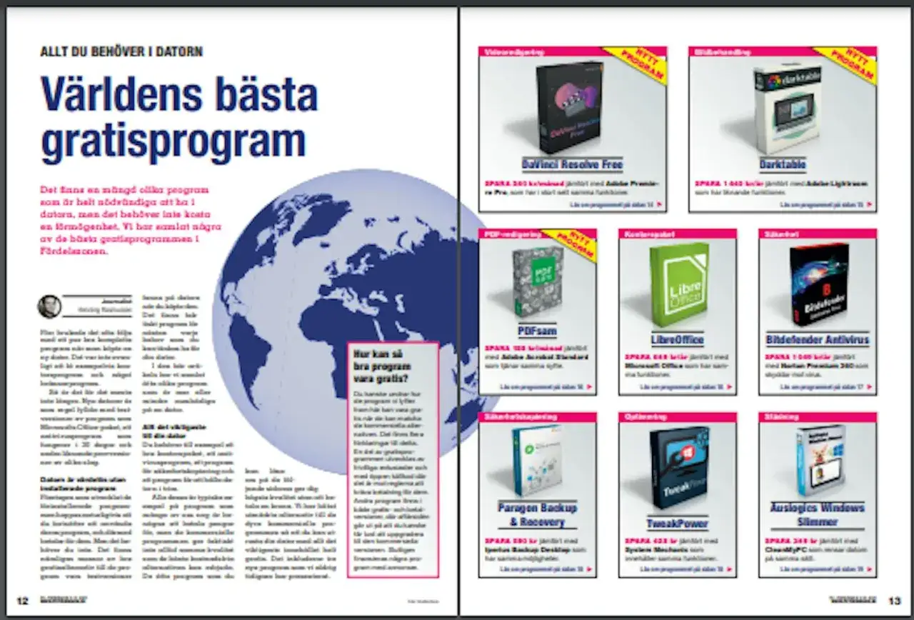 Världens bästa gratisprogram listas, inklusive DaVinci Resolve Free, LibreOffice och Bitdefender Antivirus.