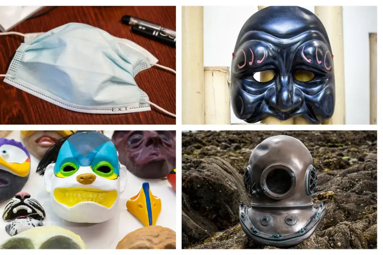 Masques de carnaval, un masque de plong&eacute;e ancien, et un masque de protection. Un clin d'&oelig;il au carnaval de Th&eacute;ophile Gautier.