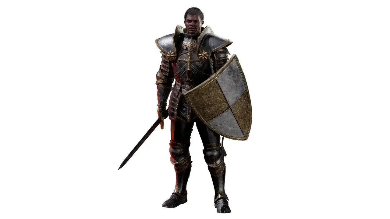 Paladyn w zbroi z mieczem i tarczą, gotowy do walki w Diablo 2 Resurrected. Jego build opiera się na sile i obronie.