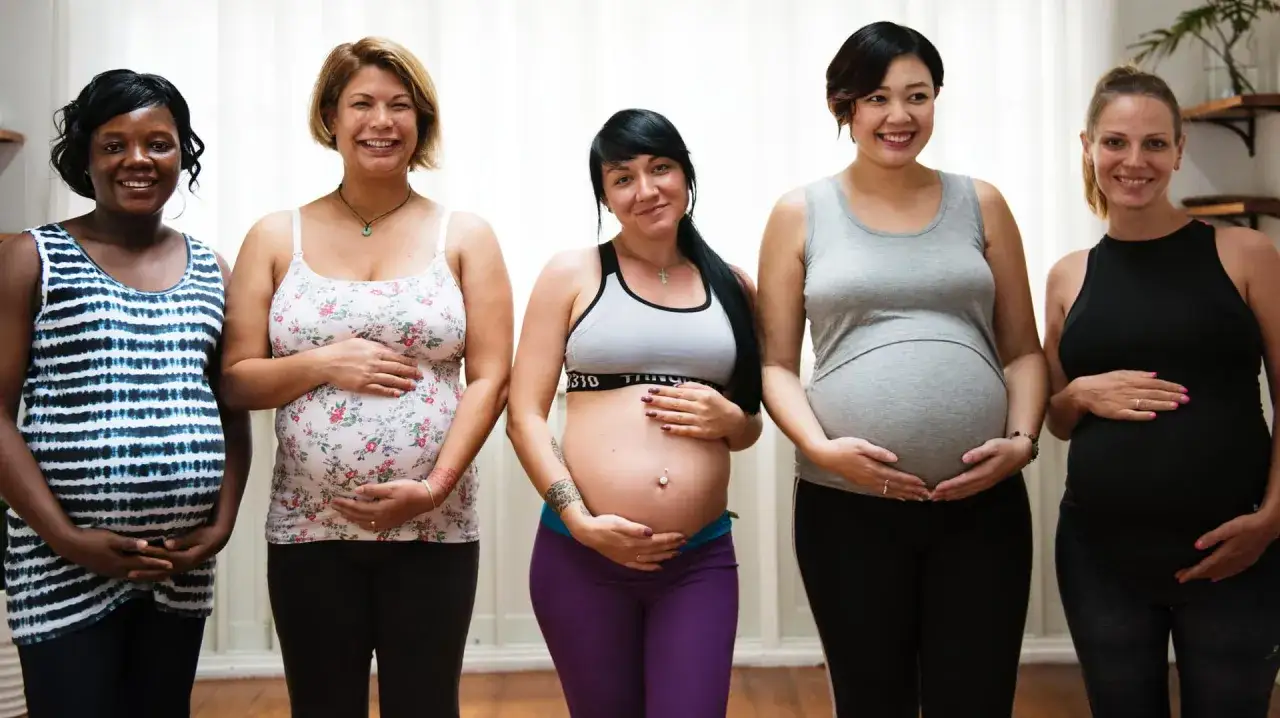 Fünf schwangere Frauen stehen nebeneinander und halten ihre Bäuche. Eine Frau zeigt vielleicht gerade ihren Bauch, der erst 1 Woche schwanger ist.