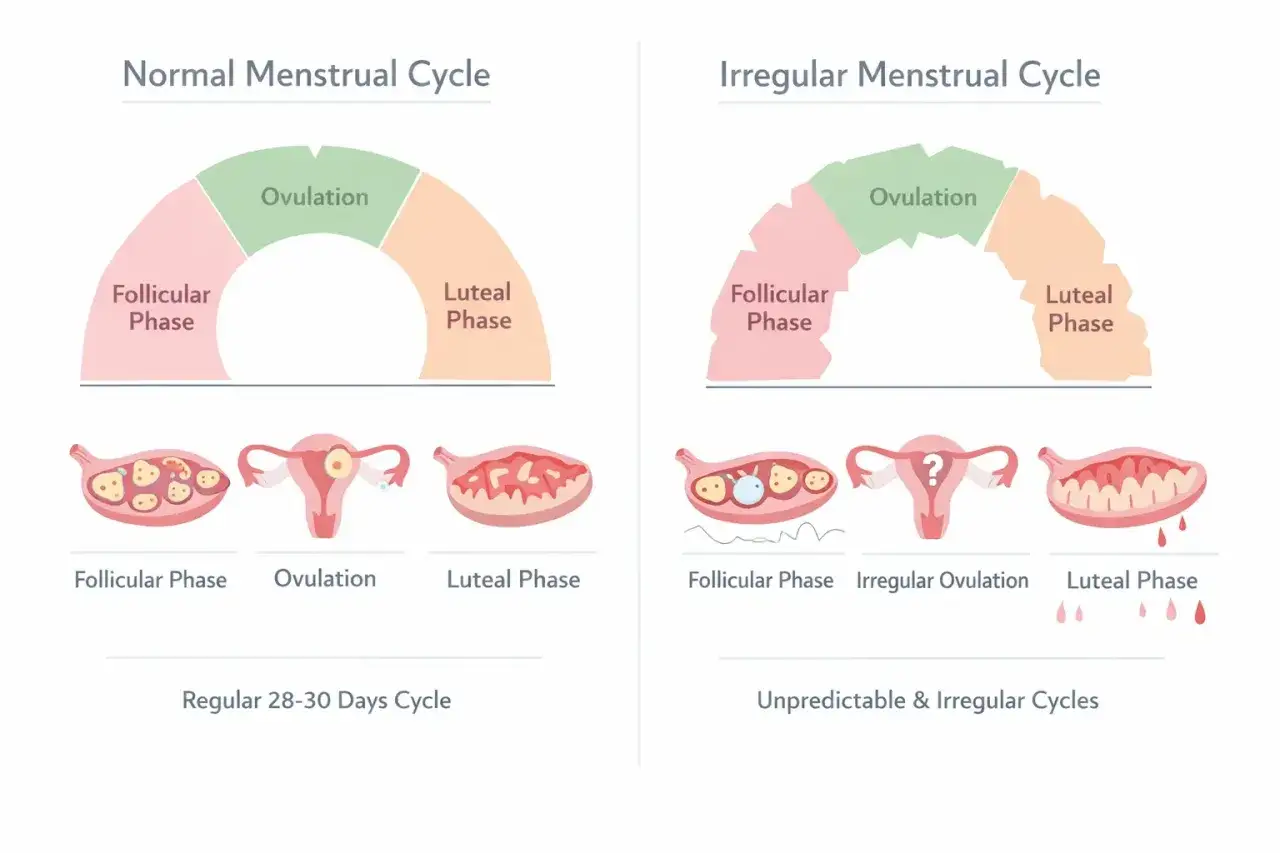 Comparaci&oacute;n de ciclos menstruales: uno normal y otro con una regla rara e irregular, mostrando las fases ov&aacute;rica y uterina.