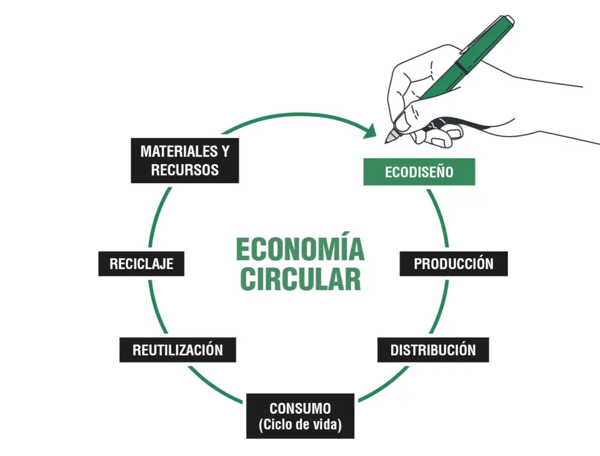 Diagrama de la **econom&iacute;a circular ejemplo**: ecodise&ntilde;o, producci&oacute;n, distribuci&oacute;n, consumo, reutilizaci&oacute;n y reciclaje.