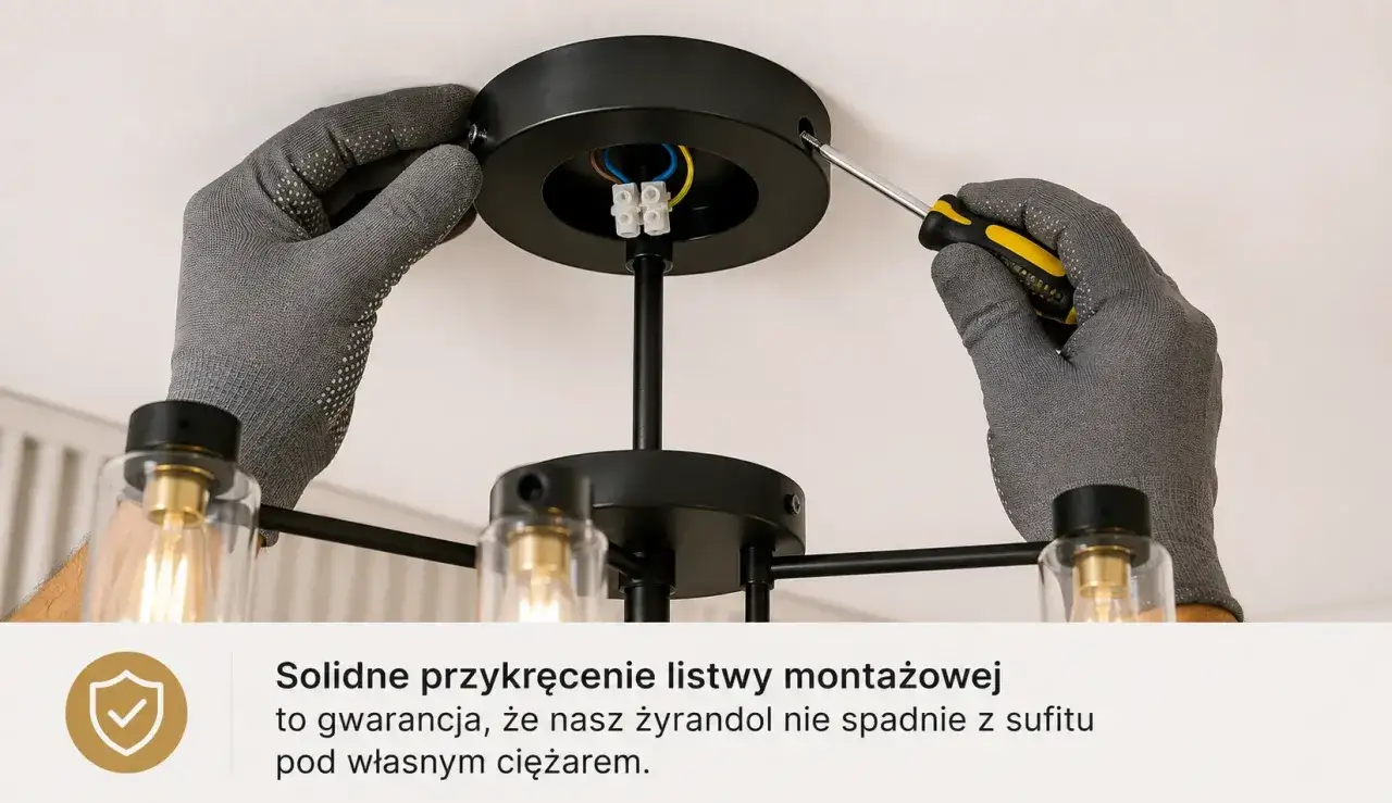 Ręce w rękawiczkach przykręcają śrubokrętem mocowanie żyrandola do sufitu.