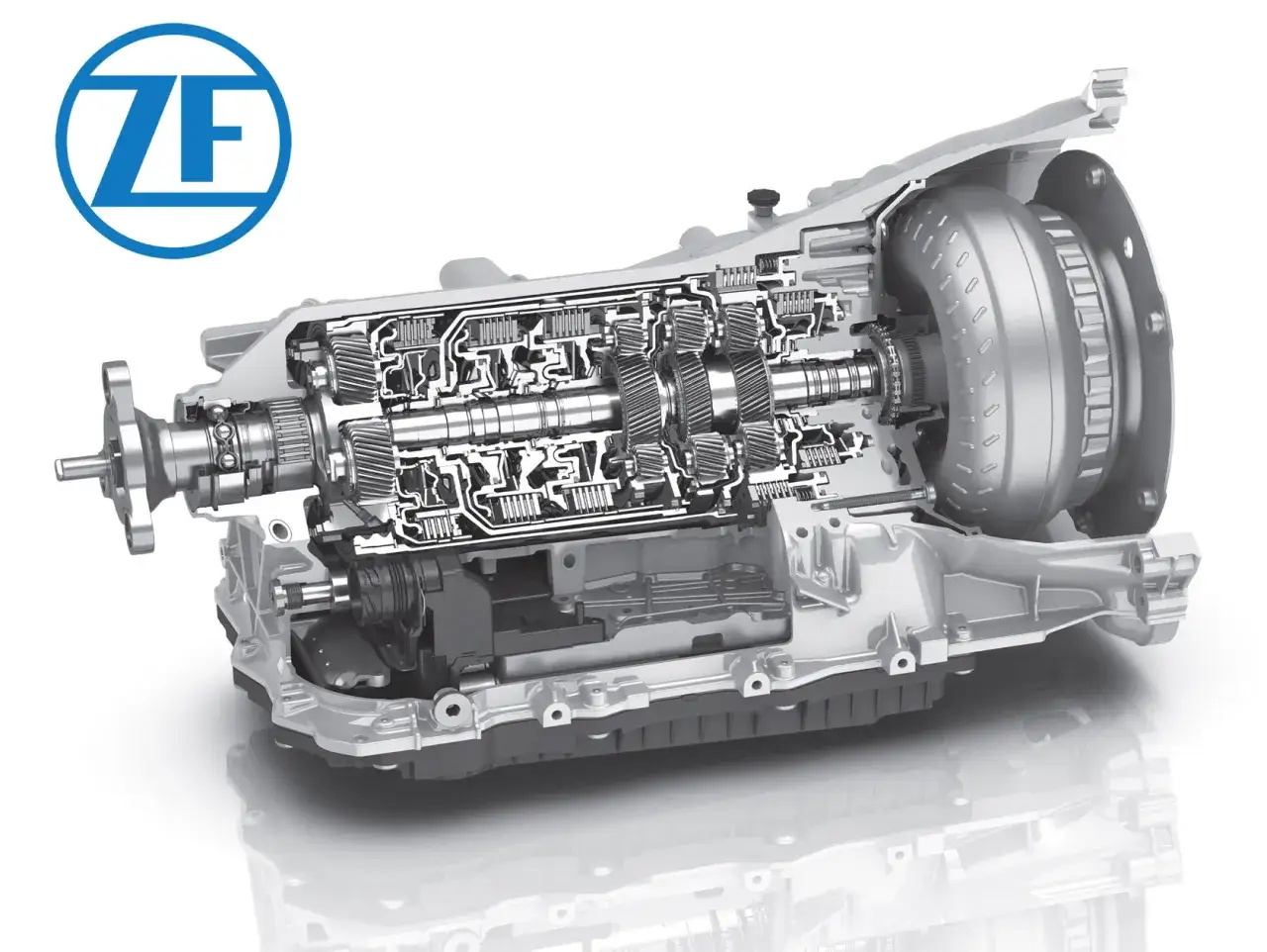 Przekładnia ZF, symbol najlepsze skrzynie automatyczne. Widok przekroju pokazuje złożony mechanizm zębatek i sprzęgło hydrokinetyczne.