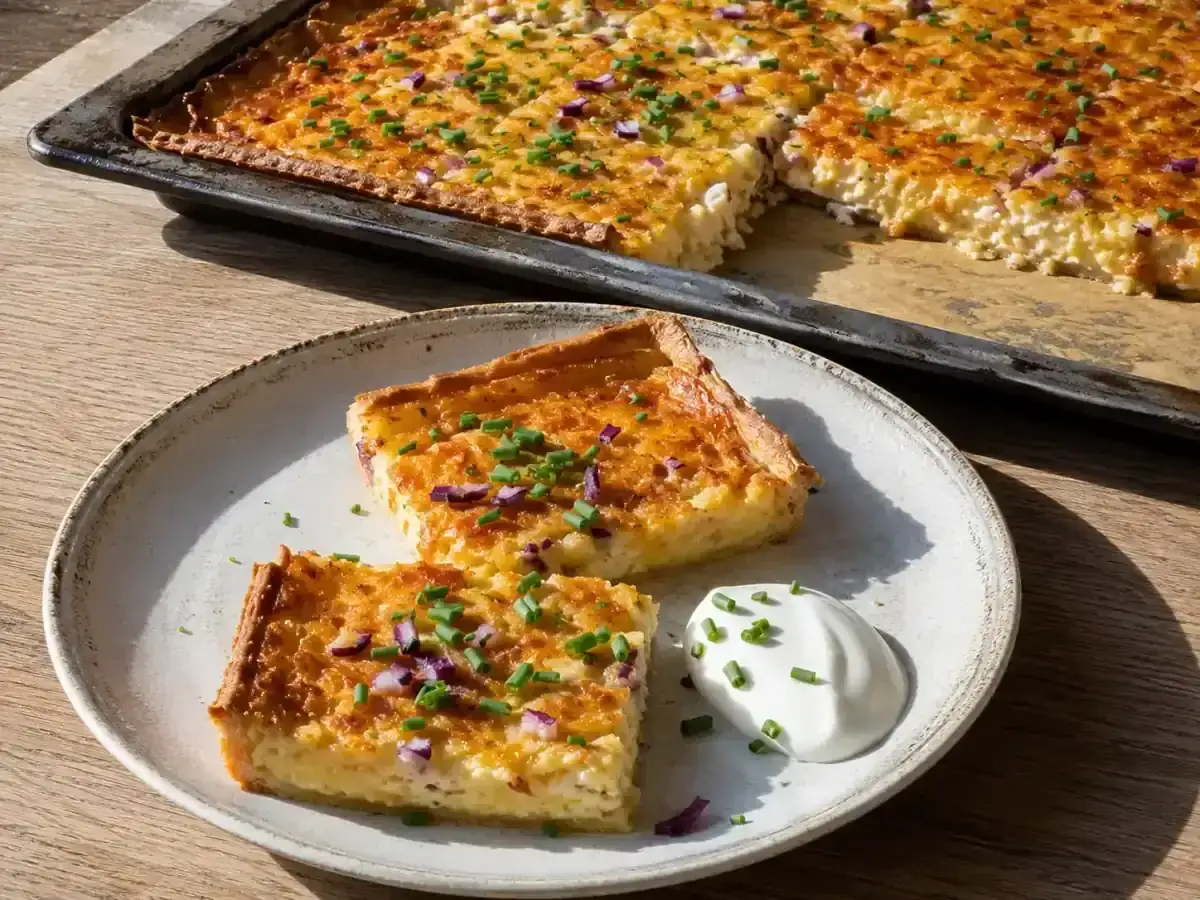 Tv&aring; bitar av en gyllene, god matpaj med l&ouml;k och gr&auml;sl&ouml;k, serverade med en klick gr&auml;ddfil. En hel paj syns i bakgrunden.