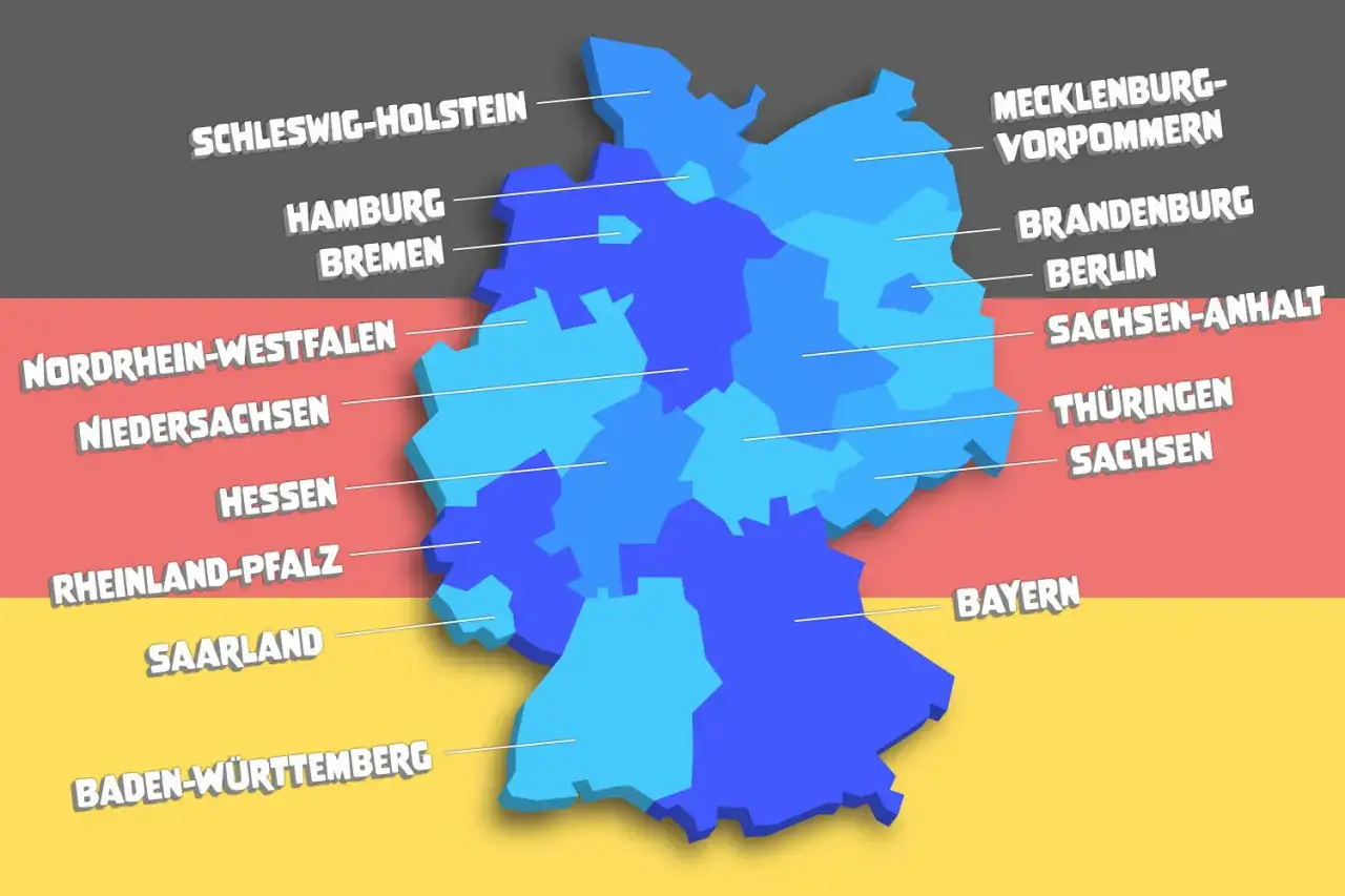 Deutschland ist ein Staat, dargestellt durch seine Bundesländer wie Bayern, Niedersachsen und Nordrhein-Westfalen.