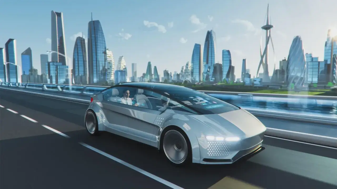 Futurystyczny samochód autonomiczny przemierza miasto przyszłości. Nowoczesny przemysł motoryzacyjny w akcji.