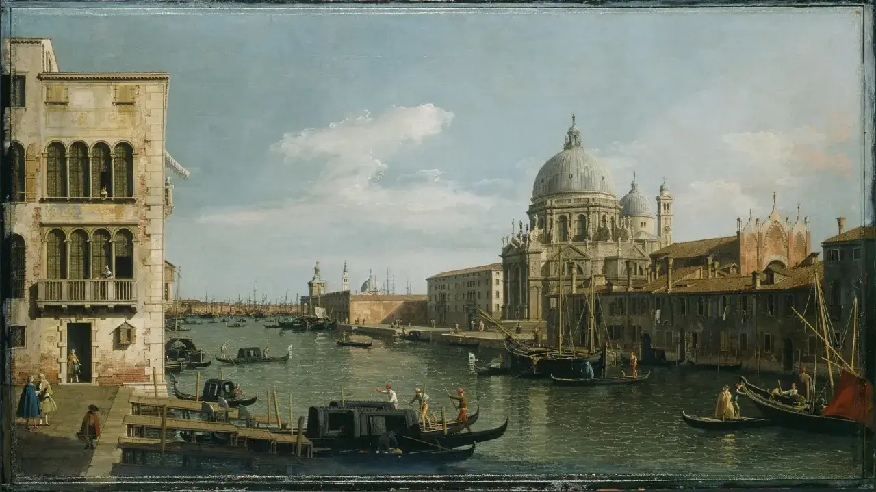 Vue de Venise par Antonio Canaletto, avec la basilique Santa Maria della Salute et des gondoles sur le Grand Canal.