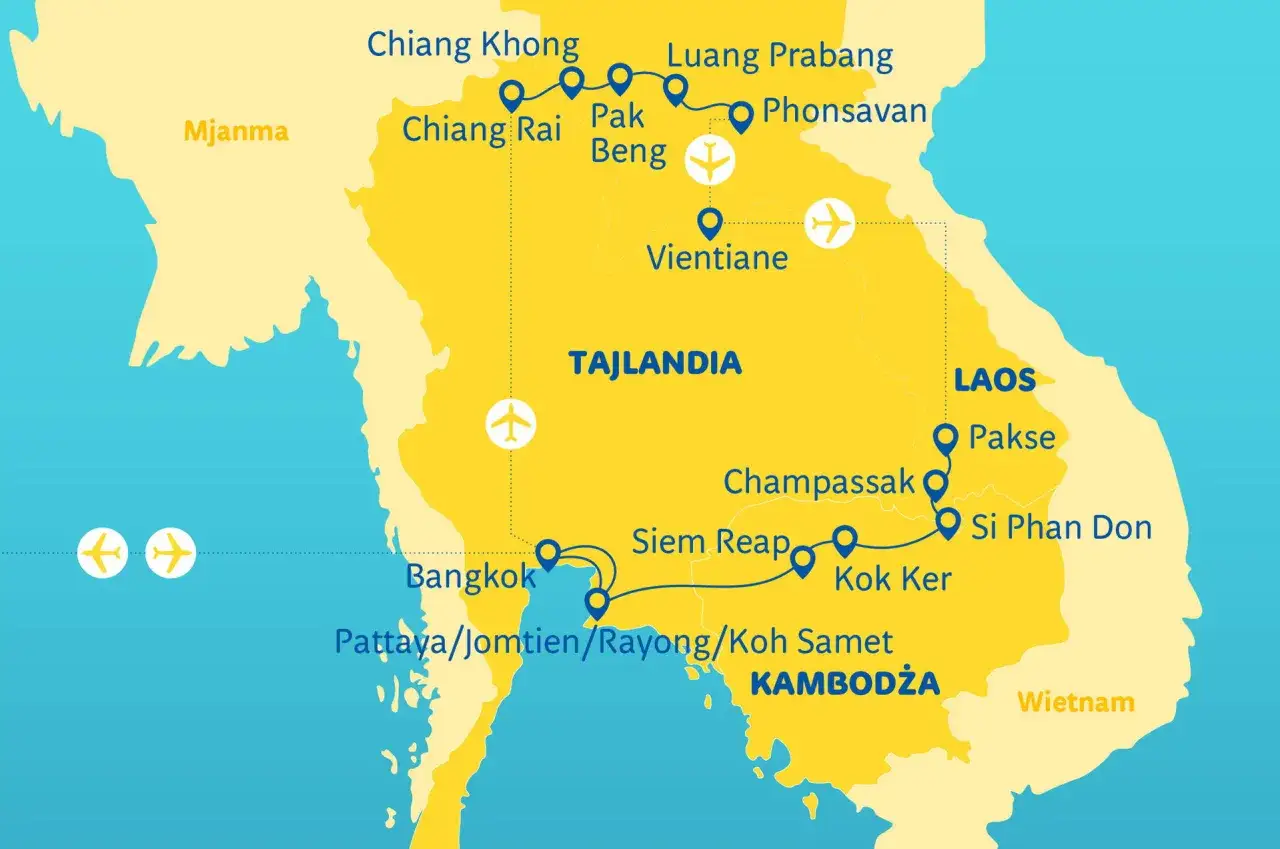 Mapa podróży po Tajlandii, Laosie i Kambodży. Zaznaczone miasta: Bangkok, Siem Reap, Vientiane, Luang Prabang.