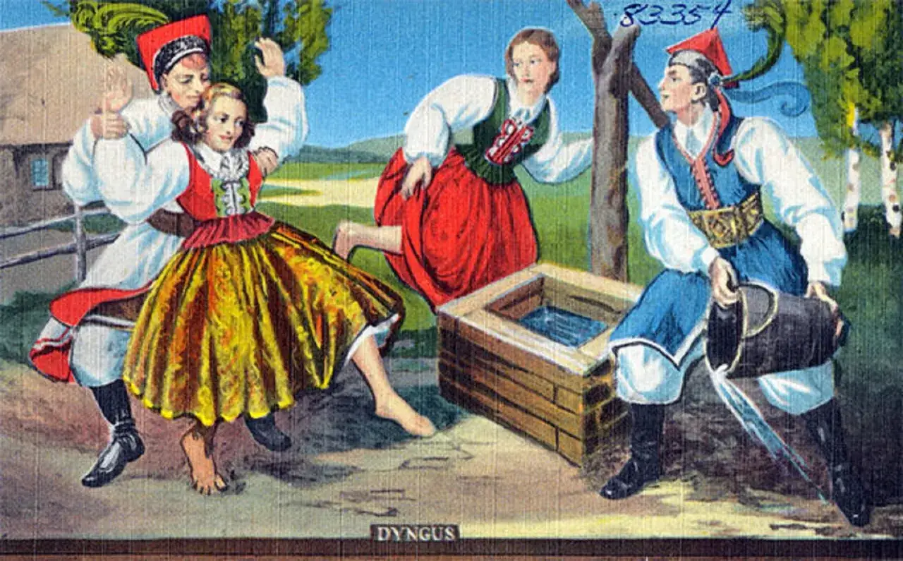 Tradycyjna Wielkanoc w Polsce: chłopcy oblewają dziewczęta wodą, tradycja śmigusa-dyngusa.