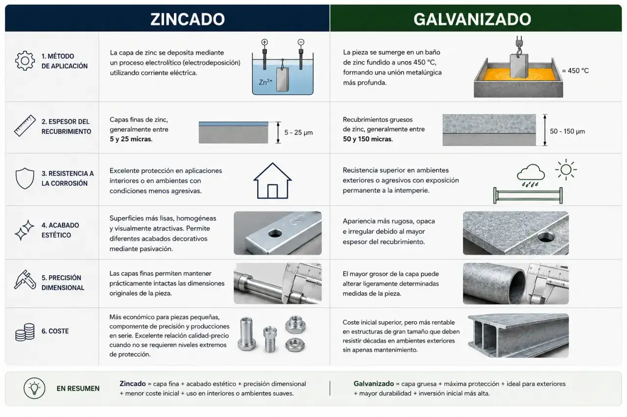 Comparativa de zincado (capa fina, estético, preciso) y galvanizado (capa gruesa, protector, duradero).