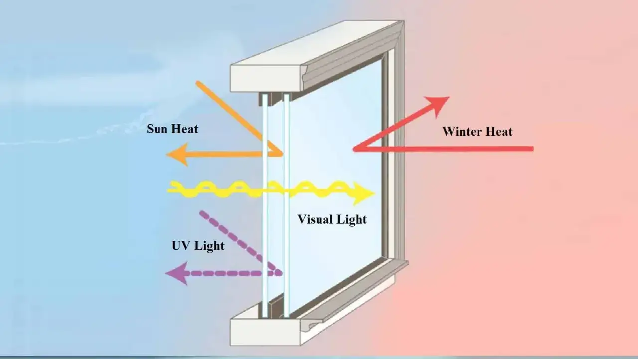 Schéma d'une fenêtre double vitrage montrant le passage de la lumière visible, de la chaleur solaire et du rayonnement UV. La chaleur d'hiver est retenue à l'intérieur. Le coefficient de transfert thermique est de 1,6 w/m².k.