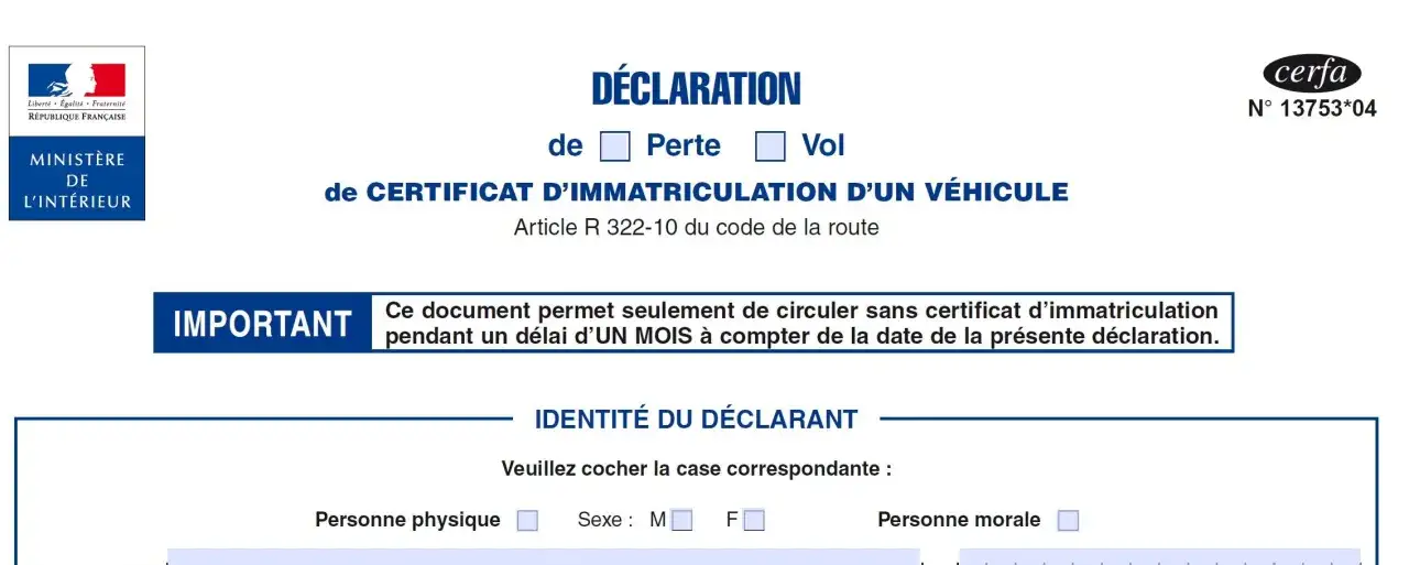 D&eacute;claration de perte de certificat d'immatriculation d'un v&eacute;hicule. Ce document permet de circuler un mois.