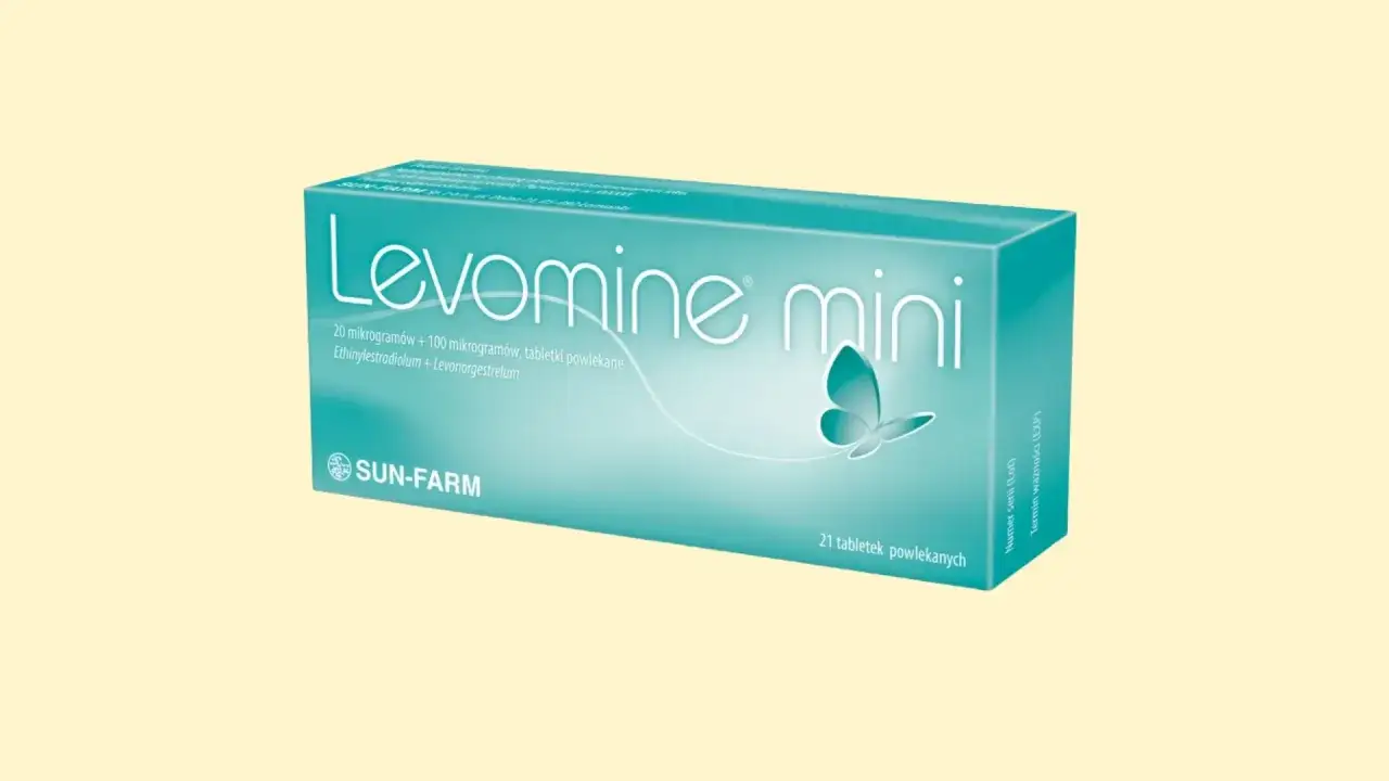 Opakowanie leku Levomine mini z motywem motyla. Zawiera 21 tabletek powlekanych.