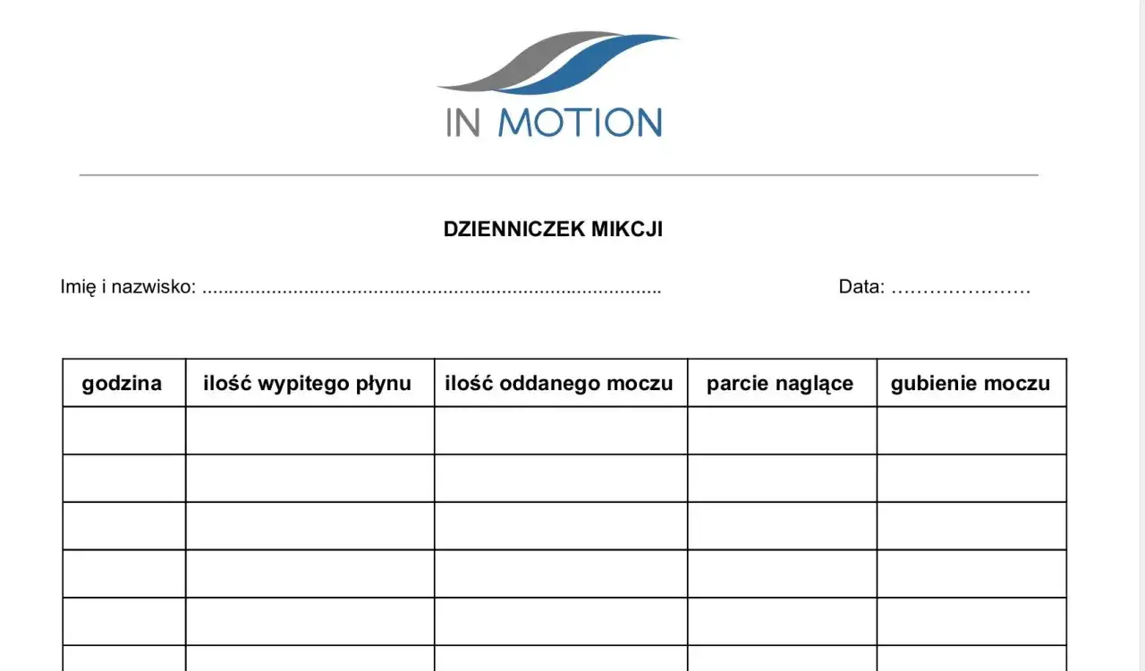 Dzienniczek mikcji do monitorowania objawów poliurii, obejmujący czas, ilość płynów, oddanego moczu, parcia naglące i gubienie moczu.