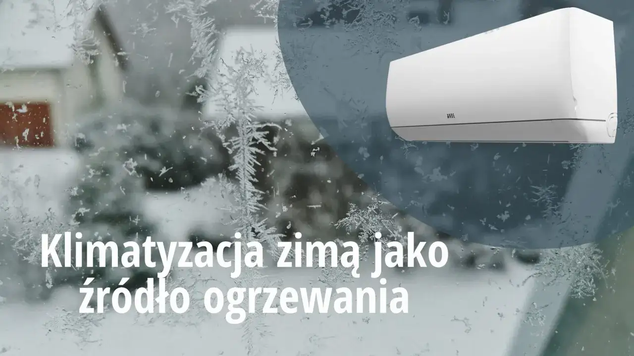 Klimatyzacja zimą jako źródło ogrzewania. Czy klimatyzacja grzeje? Biała jednostka na tle mroźnego okna.