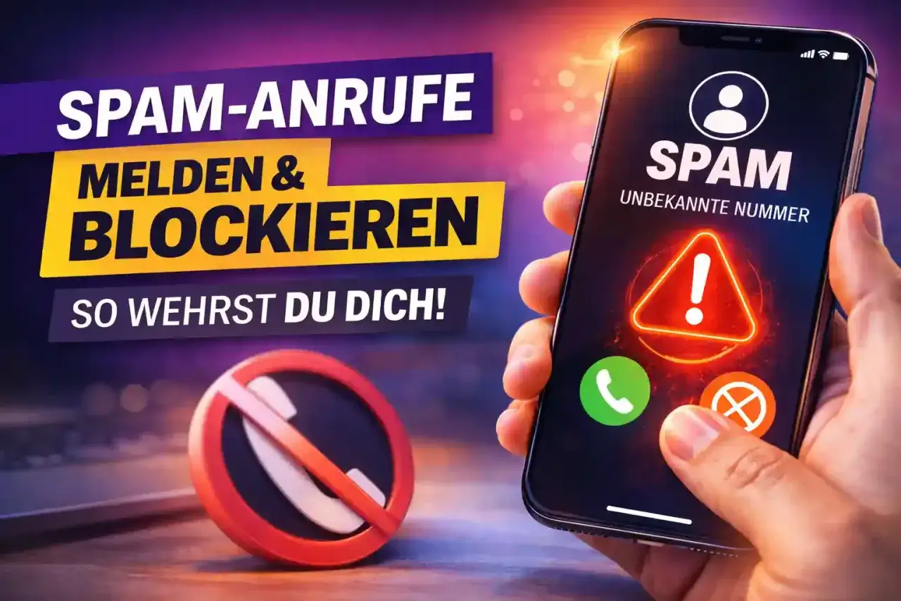 Smartphone zeigt SPAM-Anruf mit Warnsymbol. Daneben ein Symbol für 