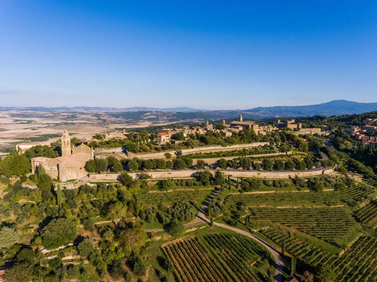 Borgo medievale su una collina, circondato da vigneti che producono il pregiato brunello di Montalcino.