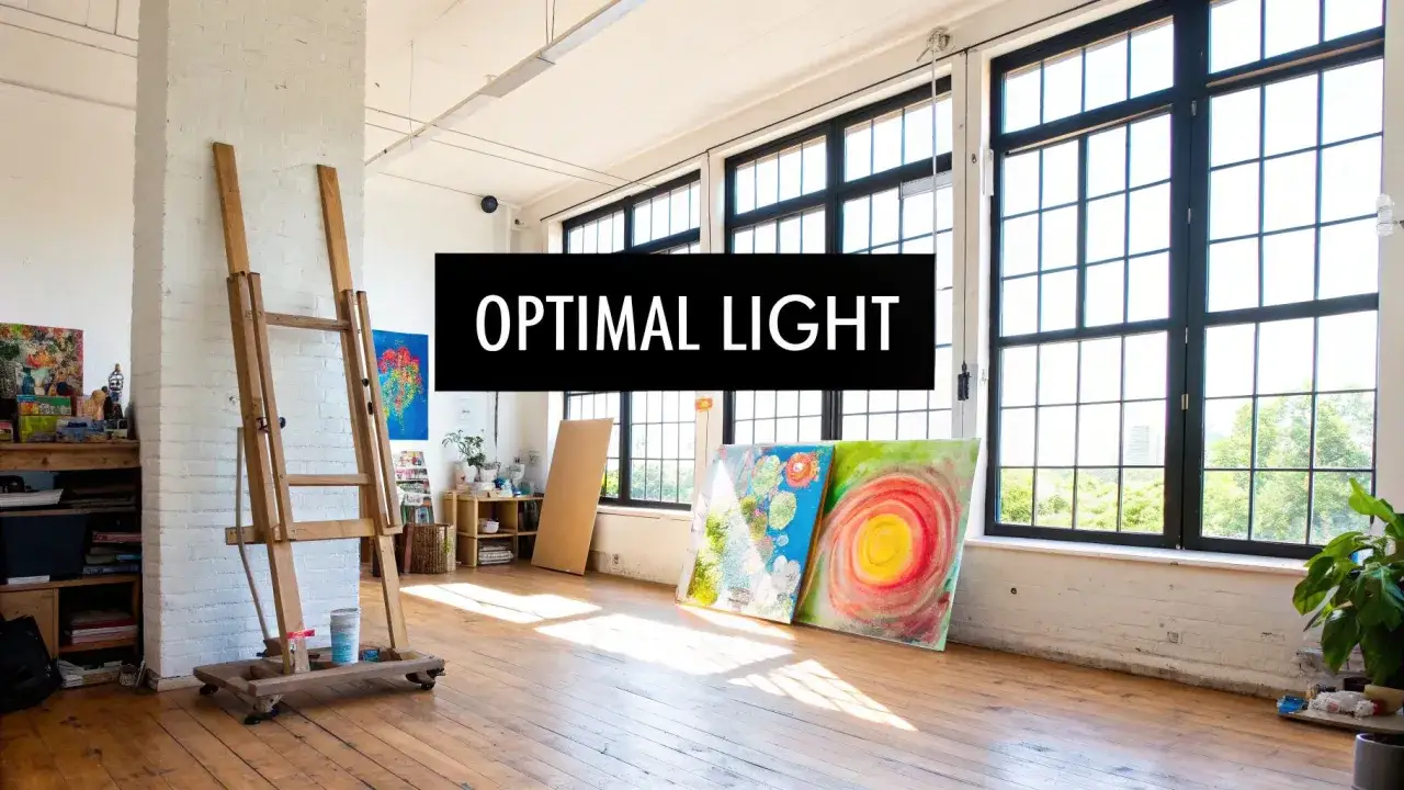 Un atelier d'artiste baigné de lumière naturelle, idéal pour passer pour un peintre. Chevalet, toiles colorées et grandes fenêtres.