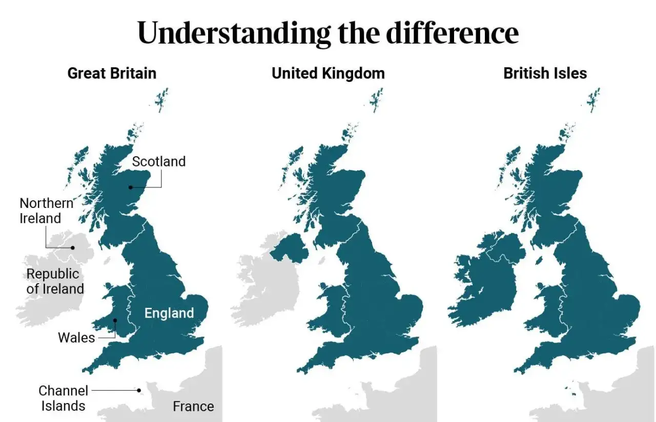 Kartor som visar skillnaden mellan Storbritannien, Förenade kungariket och Brittiska öarna. Här finns fakta om England.