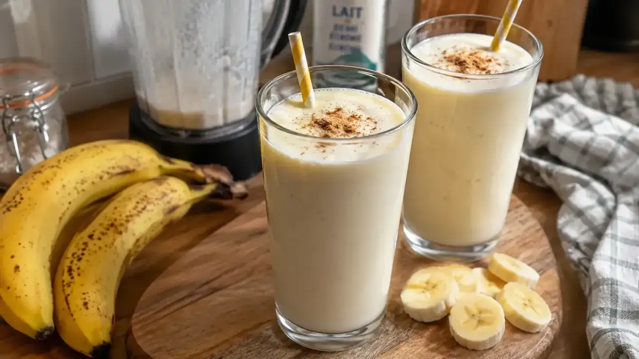 Deux verres de milkshake banane, parfaits pour une recette facile et rapide. Des bananes m&ucirc;res et une touche de cannelle compl&egrave;tent ce d&eacute;lice cr&eacute;meux.