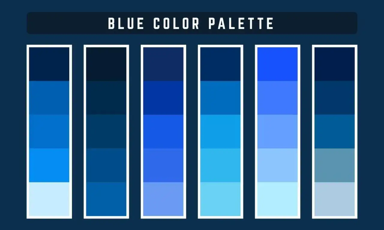 Paleta de colores con seis barras verticales, cada una dividida en cinco tonos de color azul, desde el más oscuro al más claro.