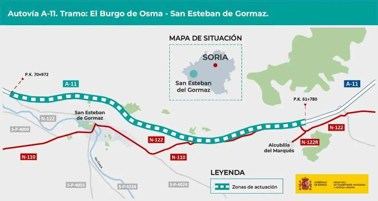 Mapa de la Autovía A-11, tramo El Burgo de Osma - San Esteban de Gormaz. Muestra cómo llegar a El Burgo de Osma y San Esteban de Gormaz por la A-11 y carreteras N-110 y N-122.