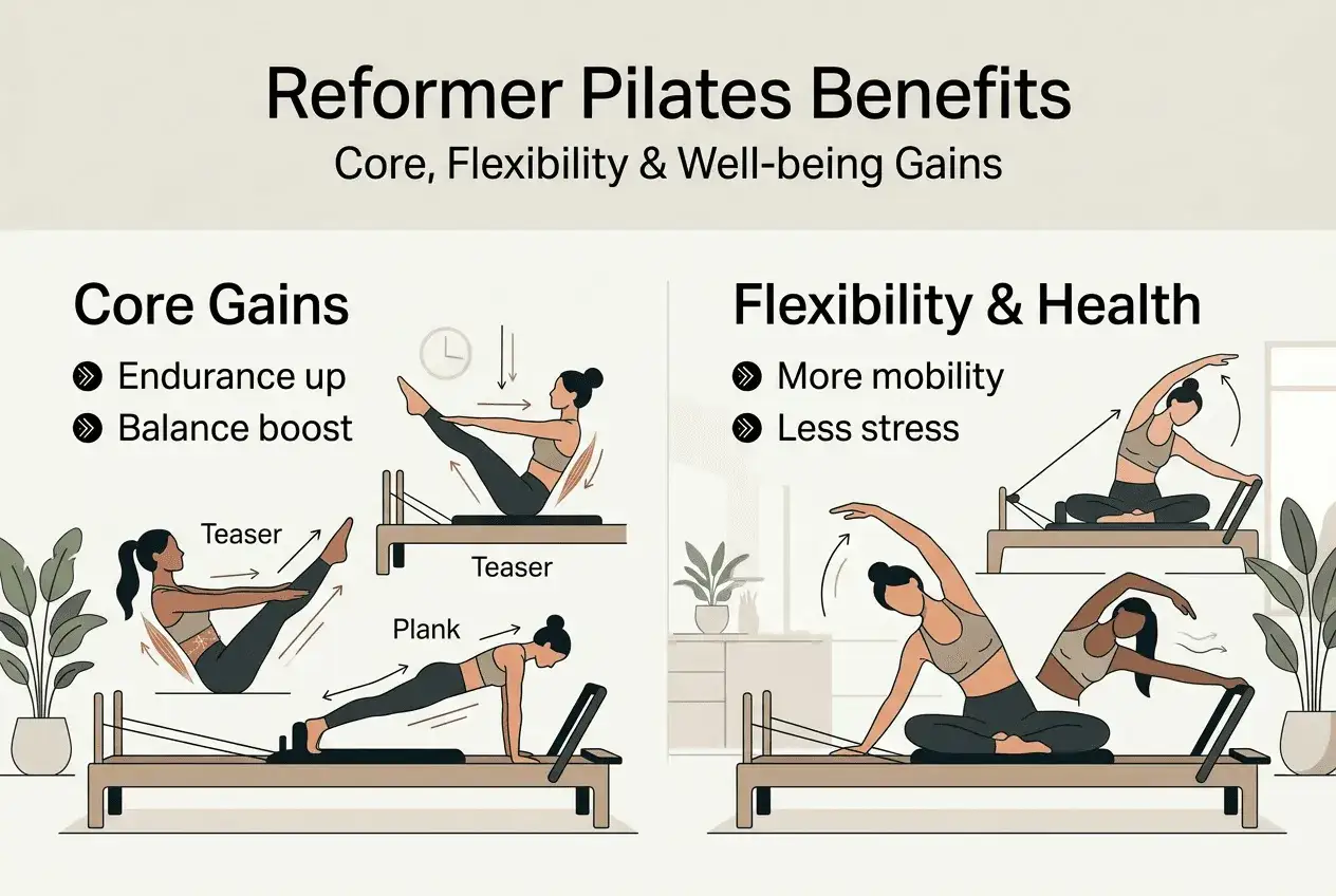 Scopri i benefici del pilates: core forte, flessibilità e benessere. Esercizi sul reformer per migliorare resistenza e mobilità.