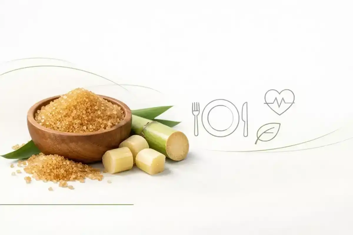 Cukier trzcinowy w misce i kawałki trzciny cukrowej. Czy cukrzyk może używać cukru trzcinowego? Ikony posiłku, serca i liścia sugerują zdrową dietę.