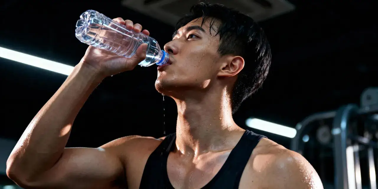 Un homme transpire abondamment après un entraînement intense, buvant de l'eau pour se réhydrater. Il sait que transpirer fait maigrir et le motive à continuer.