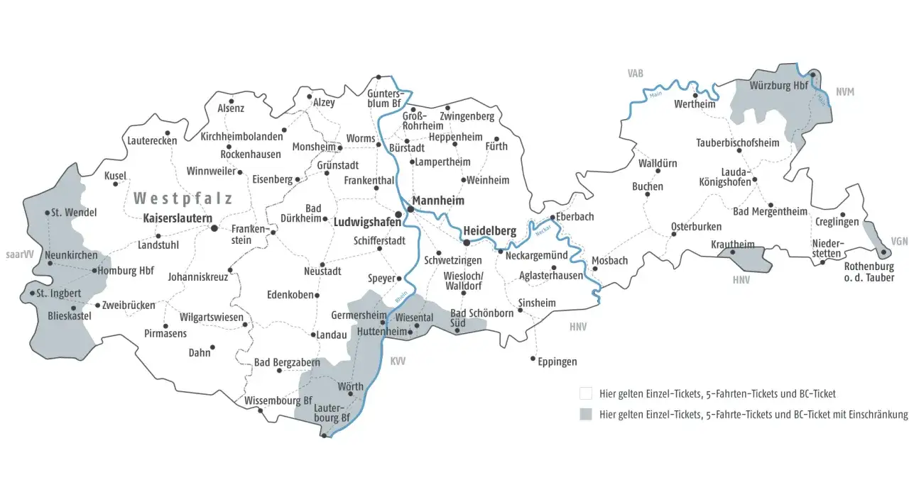 Karte von Westpfalz mit St&auml;dten und Verkehrsbereichen. Hier gelten Einzel-Tickets, 5-Fahrten-Tickets und BC-Ticket. Der Kinderticket Preis variiert je nach Zone.