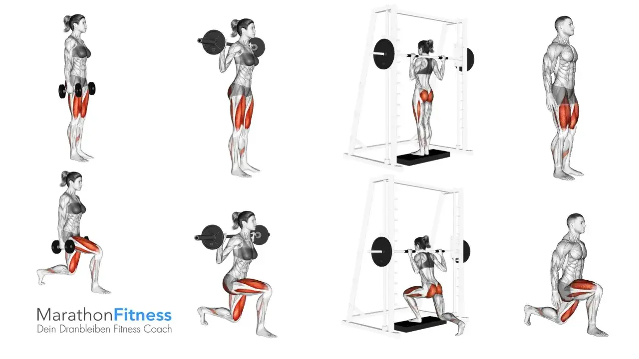 Frauen f&uuml;hren mit Hanteln und Langhantel reverse lunges aus. M&auml;nner machen ebenfalls reverse lunges mit Langhantel.