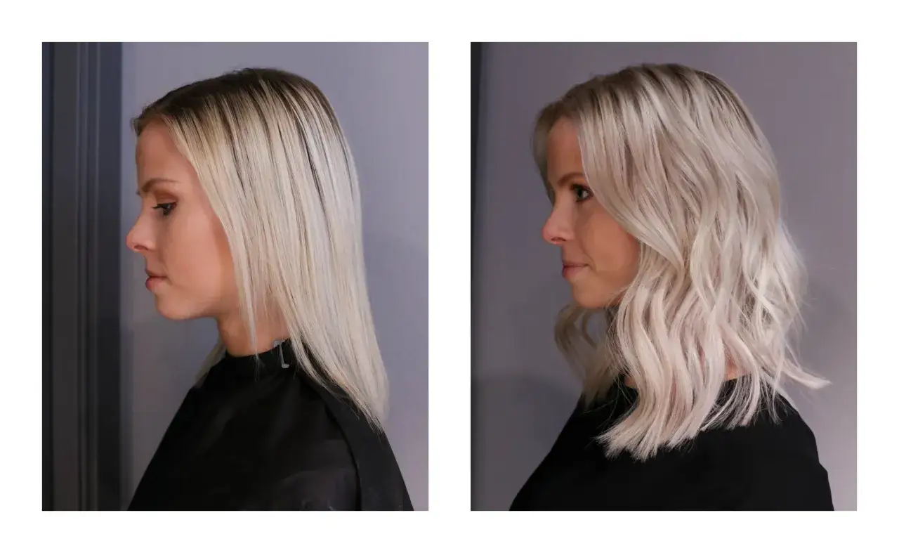 F&ouml;re och efter-bilder p&aring; en kvinna med blont h&aring;r. H&aring;ret har f&aring;tt en ny, v&aring;gig frisyr som framh&auml;ver hennes scandinavian hairline.