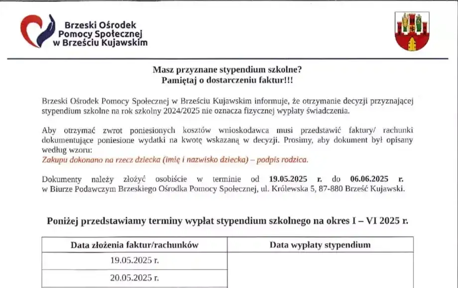 faktury rachunki stypendium szkolne