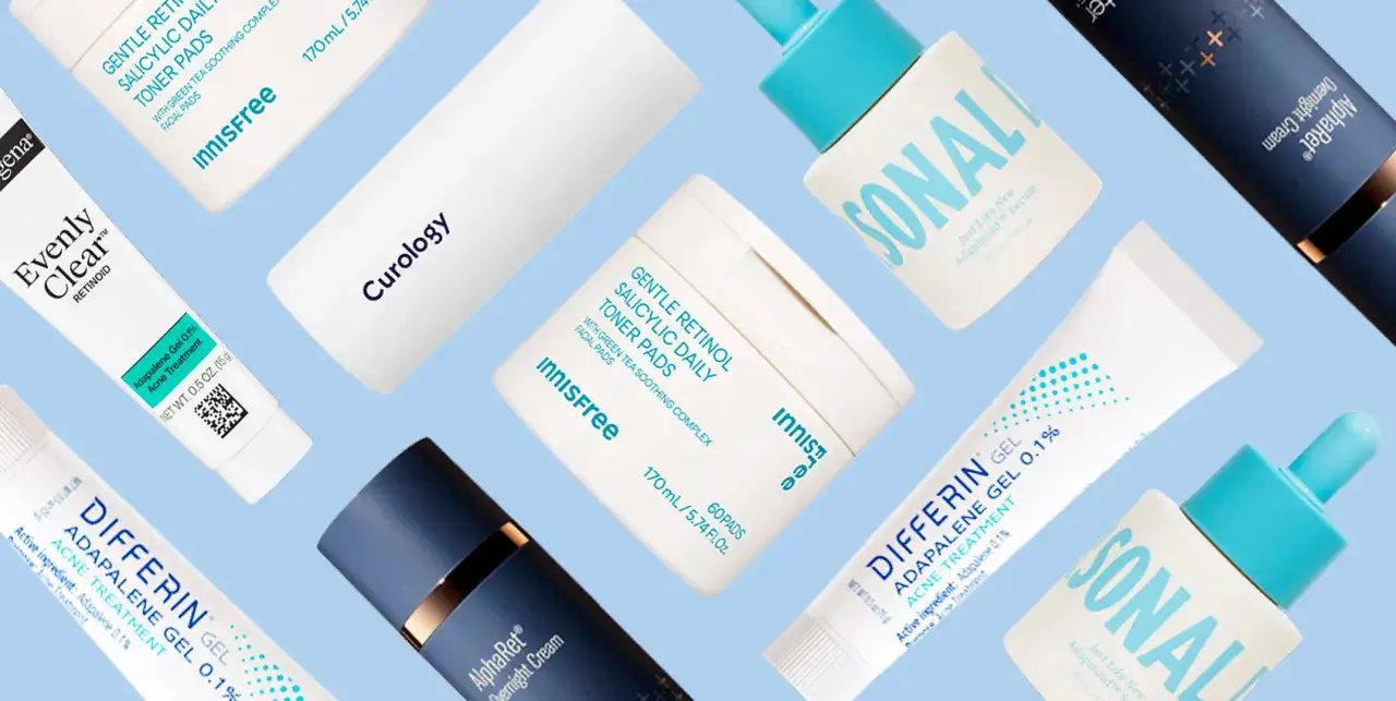 Hudvårdsprodukter med retinol och salicylsyra för aknebehandling. Olika märken som Differin, Innisfree och Curology.