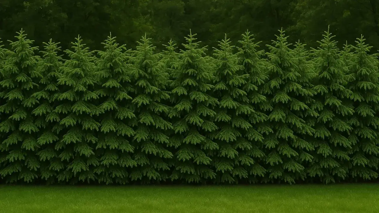 Gęsty, zielony żywopłot ze świerku pospolitego tworzy naturalną barierę.