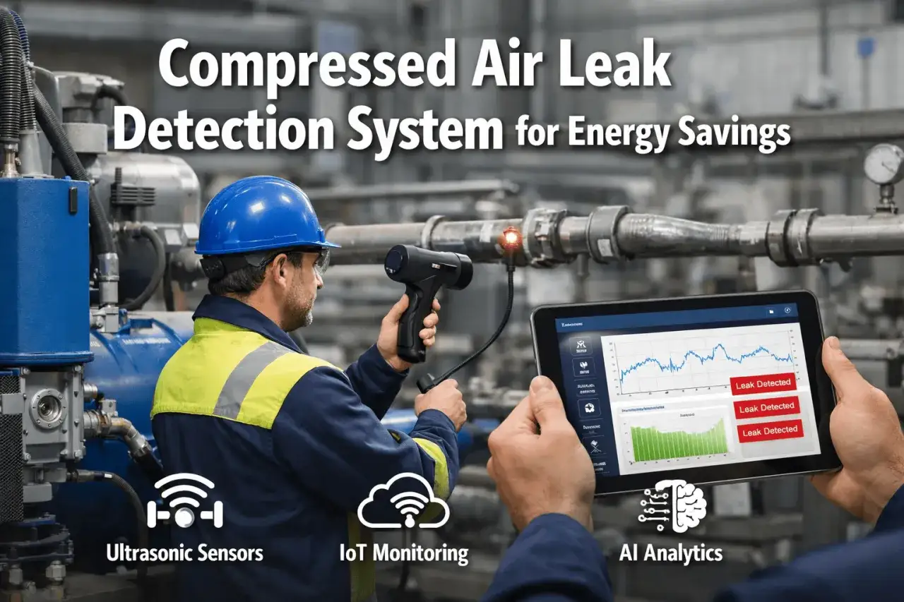 Técnico usa detector para encontrar fuga de aire en tuberías industriales. Tablet muestra