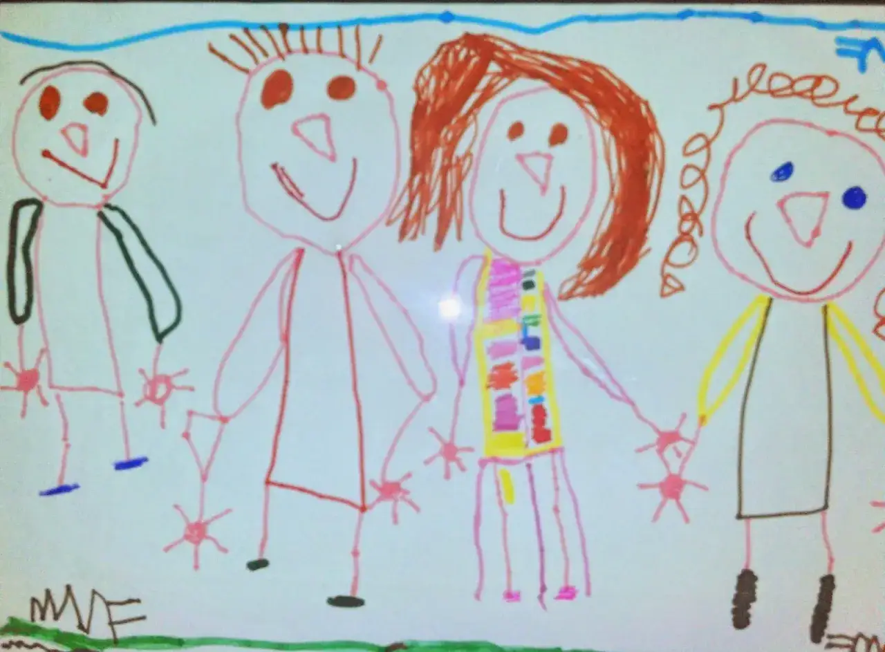 Disegno di quattro persone stilizzate che si tengono per mano, un modo per iniziare a capire come interpretare i disegni dei bambini.