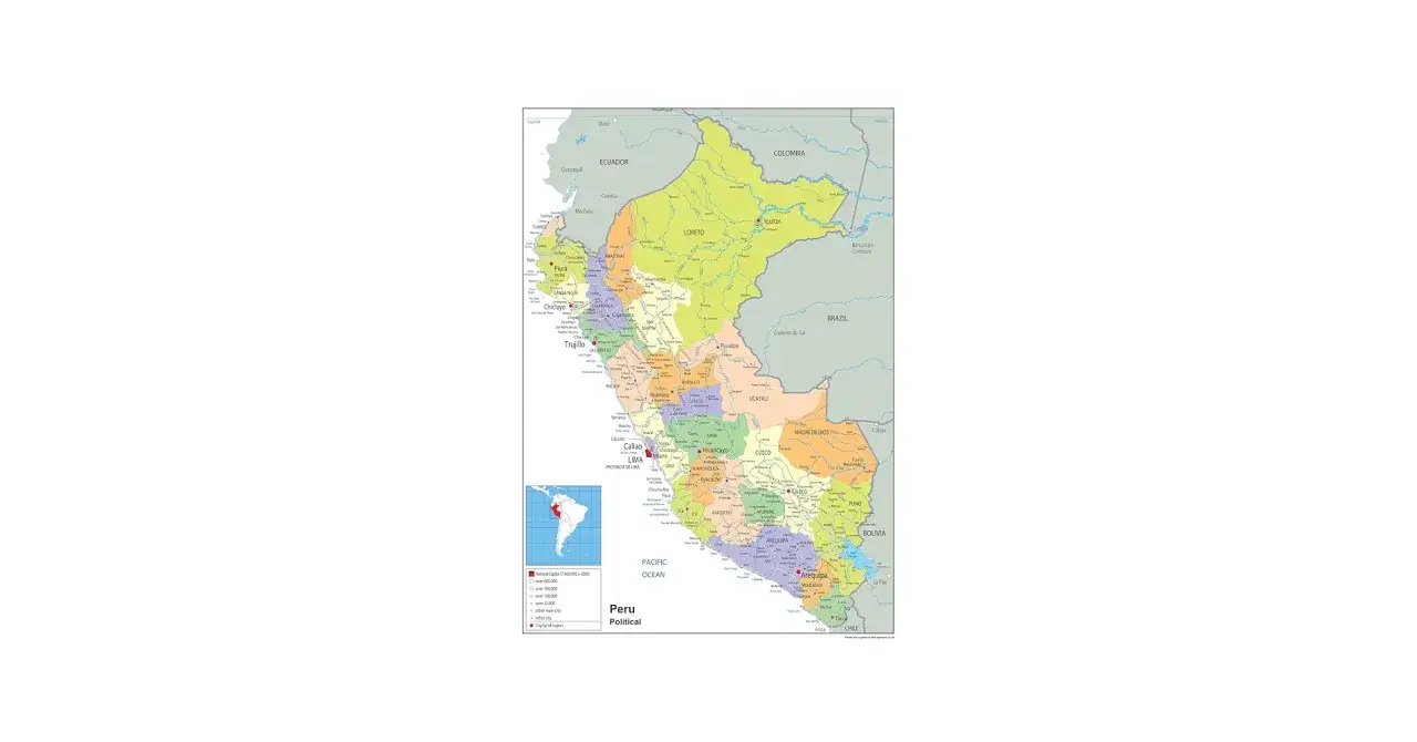 Mapa Peru z zaznaczonymi regionami i miastami. Podr&oacute;żując po Peru, warto sprawdzić, czy w danym regionie jest bezpiecznie.
