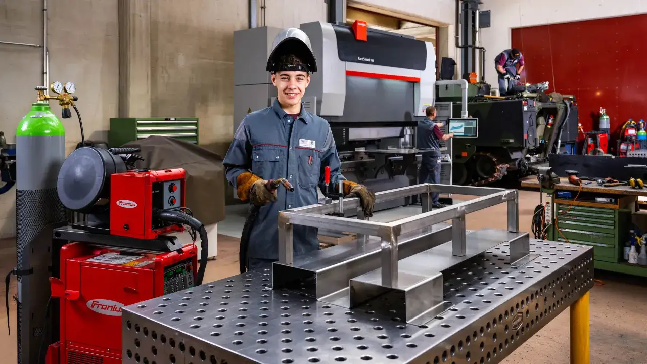 Giovane apprendista in officina, pronto a imparare come si diventa meccanico saldando. Attrezzatura da saldatura e macchinari industriali sullo sfondo.