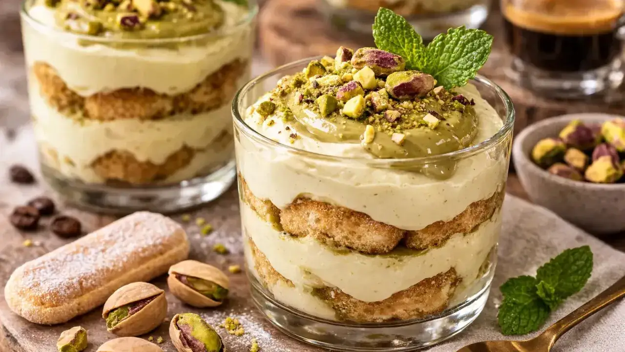 Cremiges Pistazien Tiramisu im Glas, garniert mit gehackten Pistazien und Minze. Daneben Löffelbiskuits und ganze Pistazien.