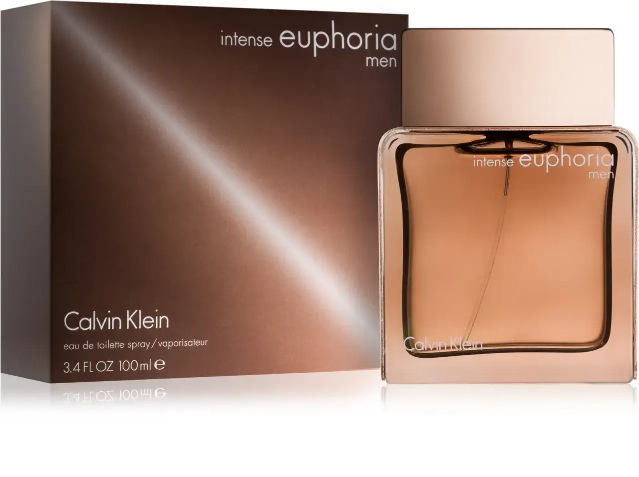 Calvin Klein Euphoria Intense 100ml (men) - elegancki flakon i pudełko w odcieniach brązu, emanujące intensywnością.