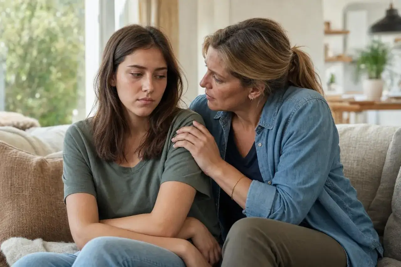 Une mère réconforte sa fille visiblement triste, tentant d'apaiser la souffrance de l'aînée.