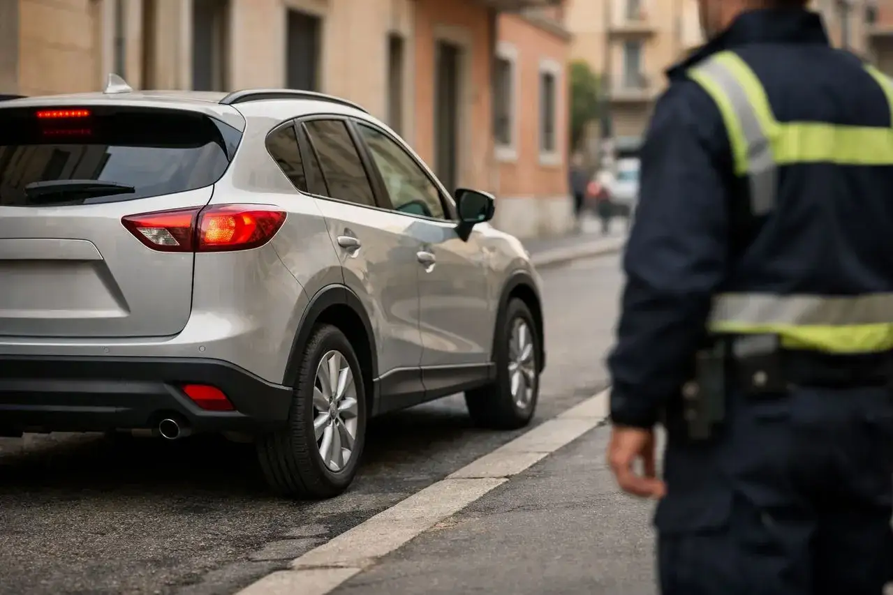 Agente di polizia in alta visibilit&agrave; osserva un'auto ferma, forse in relazione all'articolo 82 del codice della strada.