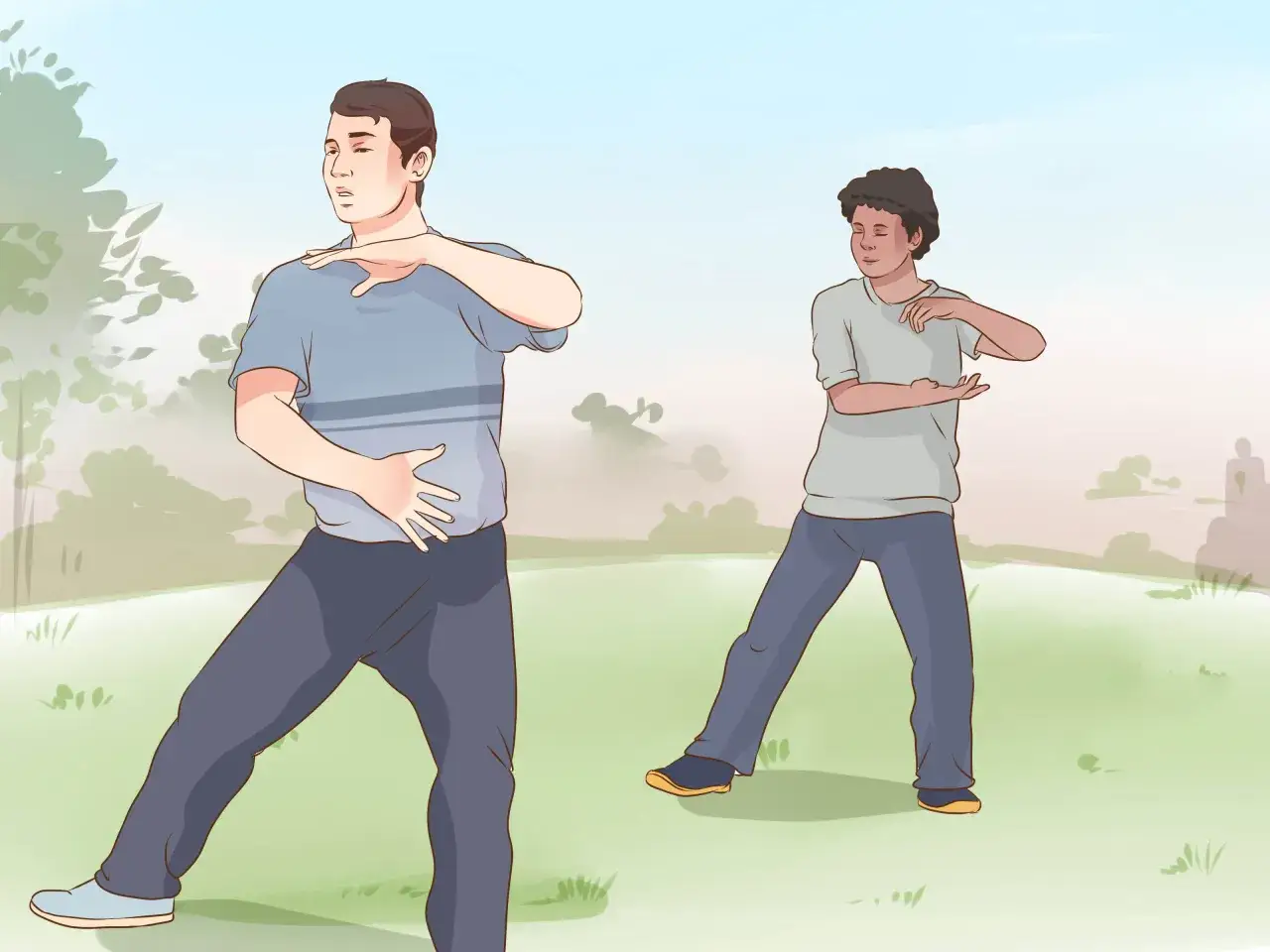 Deux hommes pratiquent le qi gong en ext&eacute;rieur, adoptant une posture d'&eacute;quilibre et de concentration.