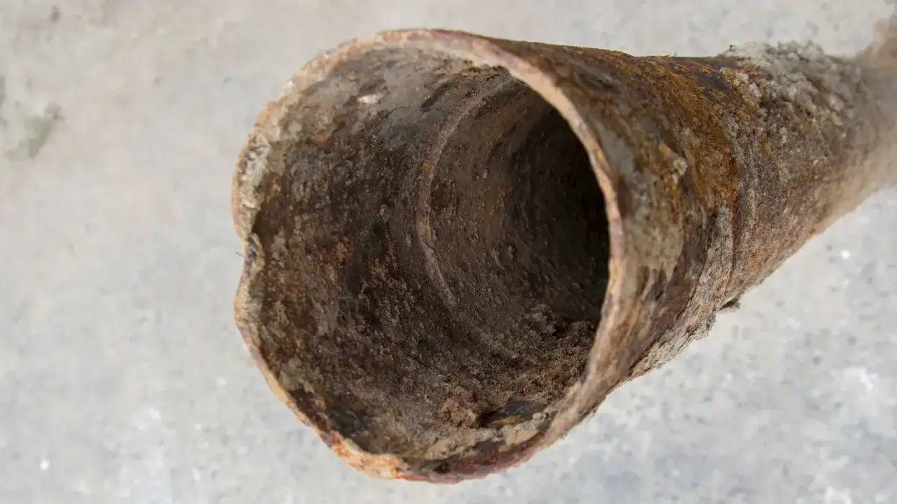 Gros plan sur un tuyau en fer rouillé, témoin d'une longue exposition à l'eau et au temps.