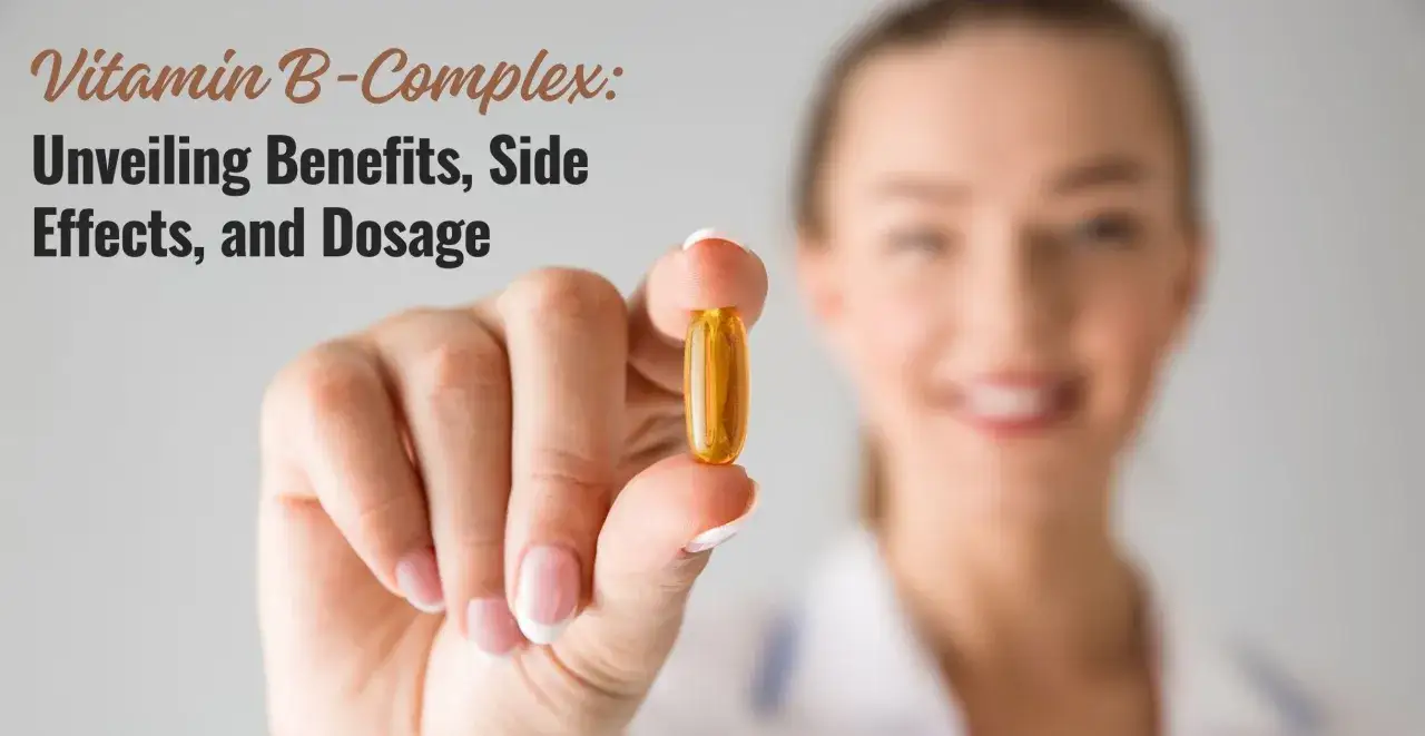Donna mostra una capsula di vitamina B. Il testo parla dei benefici, effetti collaterali e dosaggio, inclusa la vitamina B controindicazioni.